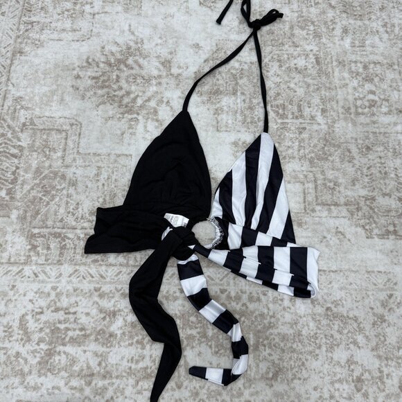Forest Ink Bikini Top Womens Medium Halter Swimsuit Stripe Tie Bathing Swimwear - Picture 5 of 9